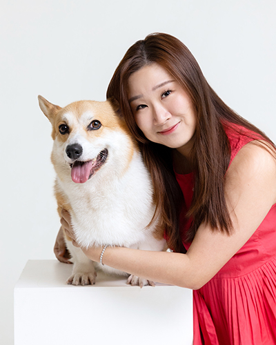 Pet and owner portrait photographed in a minimalist studio in Selangor